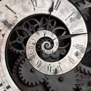 Vintage clock face with Droste effect spiral, symbolizing time’s impact on destiny as revealed in your birth chart.
