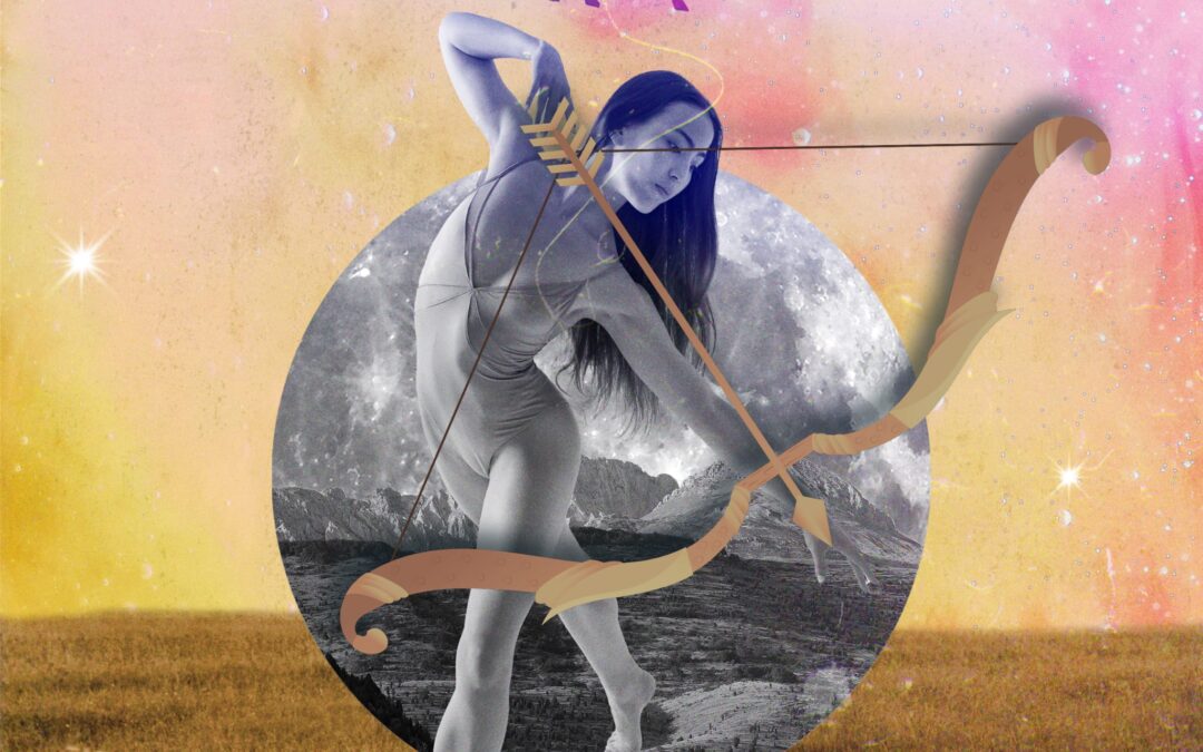 A collage with a full moon and a female archer symbolizing the Sagittarius Full Moon with the zodiac symbol.