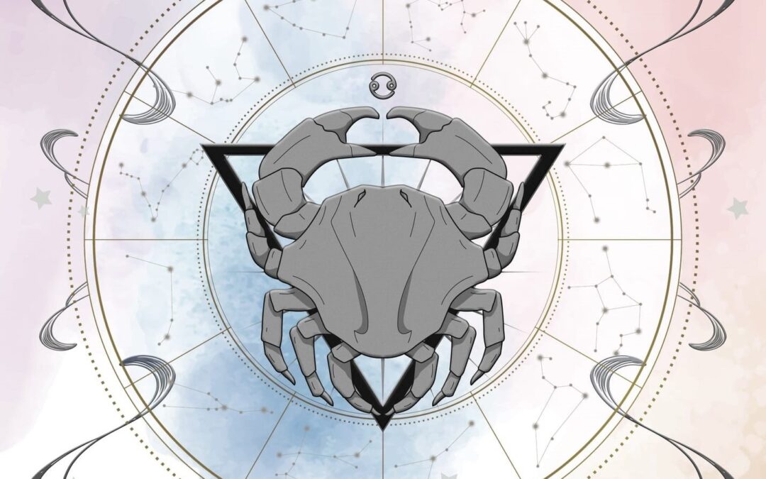 New Moon in Cancer collage featuring various moon phases and a crab at the center.