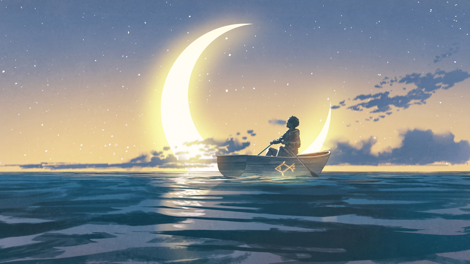 Crescent moon above a small fisherman boat on calm, dreamy waters at night