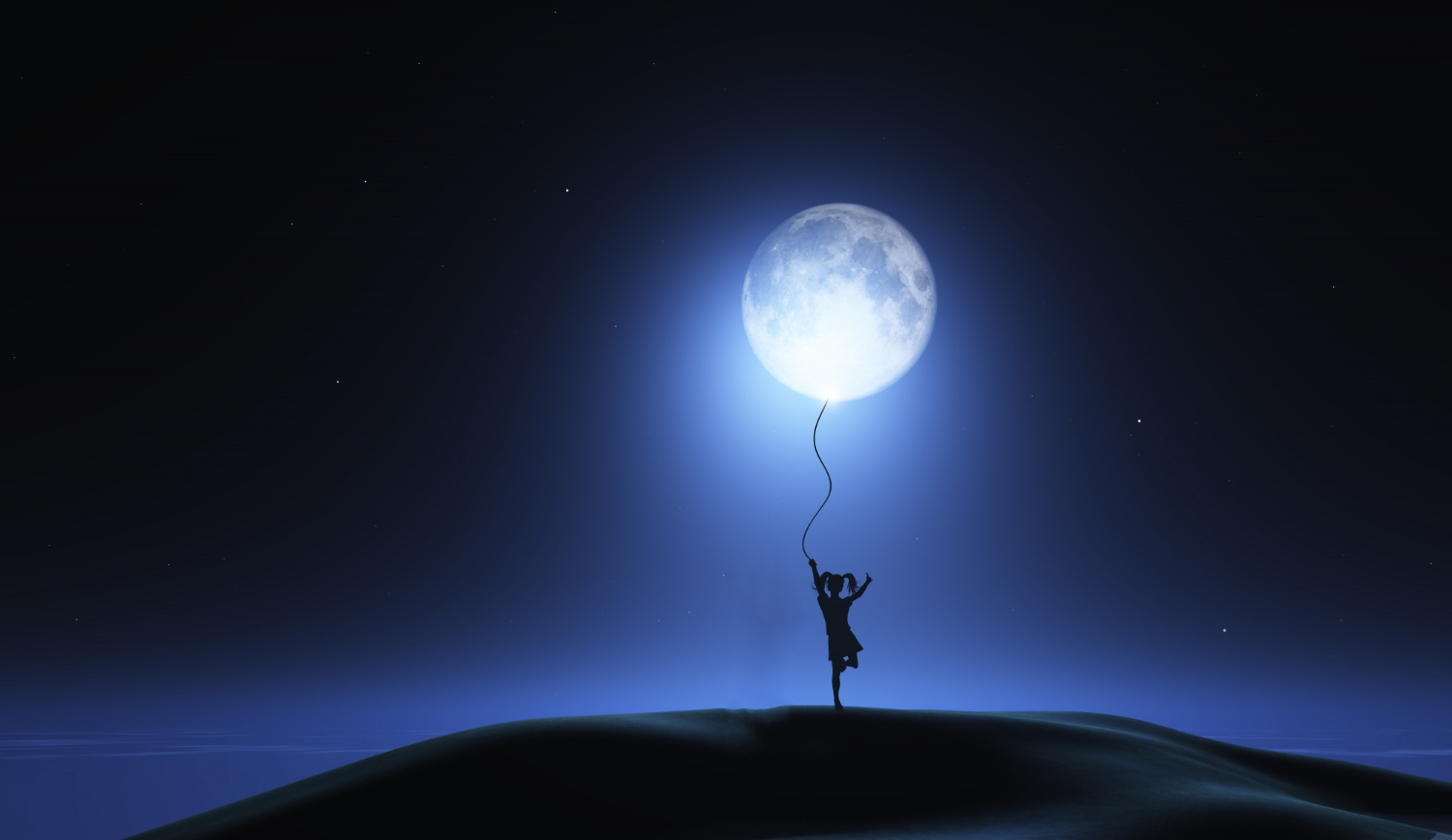 Girl holding a giant glowing full moon like a balloon against the night sky.