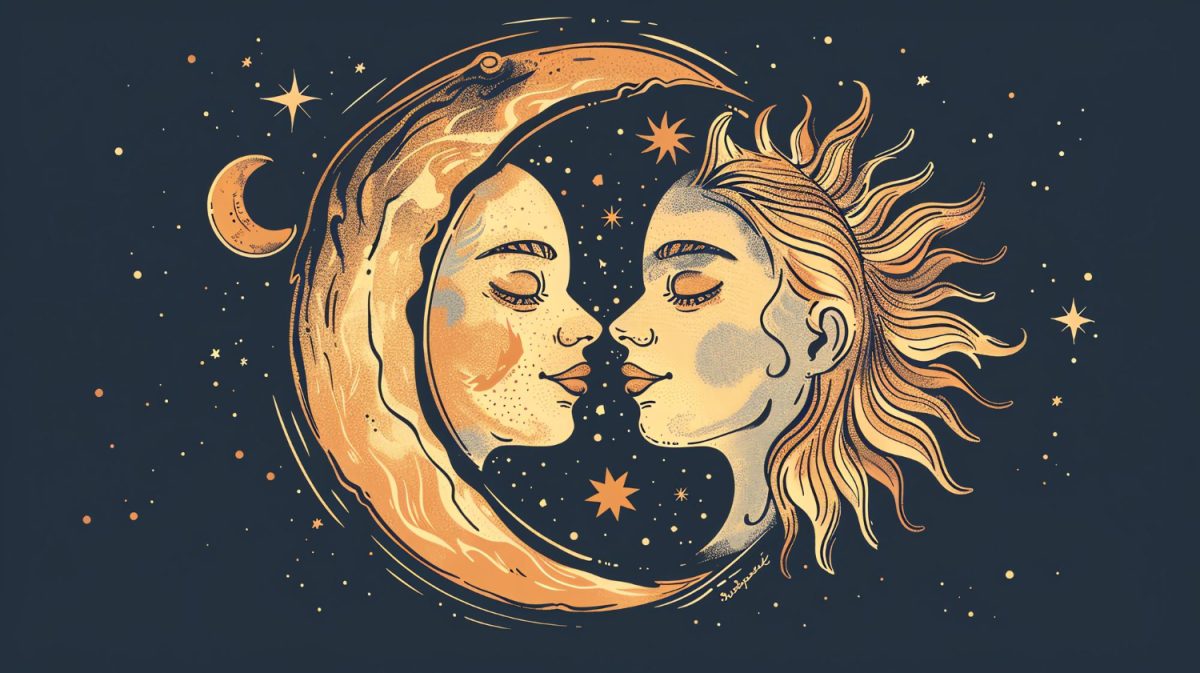Illustration of the Sun and Moon with smiling human faces against a dark blue starry background, representing the New Moon in Gemini.